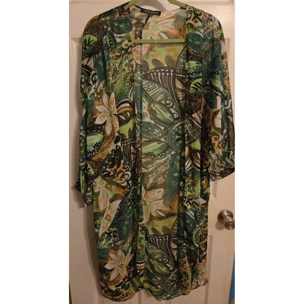 Wendy Williams Collection botanical green duster jacket sheer open front design